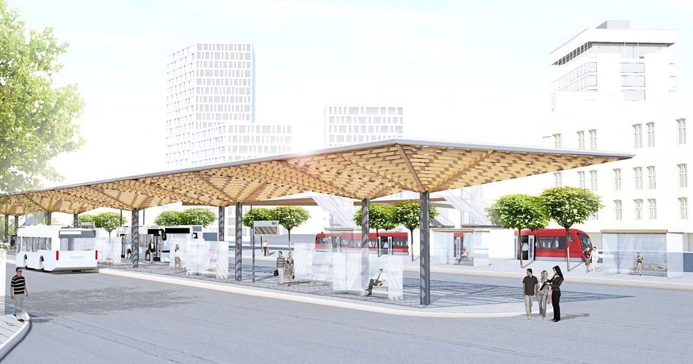 Der aktuelle Entwurf mit Blick auf den Busbahnhof. Die Stadtbahn wird künftig an der Mittelinsel halten. Illustration: Stadt Ludwigsburg