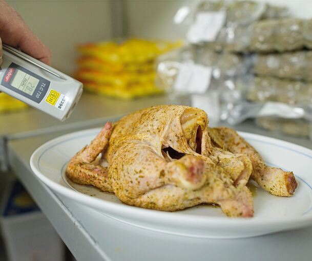 Ein Lebensmittelkontrolleur misst in einem Restaurant die Temperatur eines Hühnchens (Symbolbild). Foto: Uwe Anspach/dpa