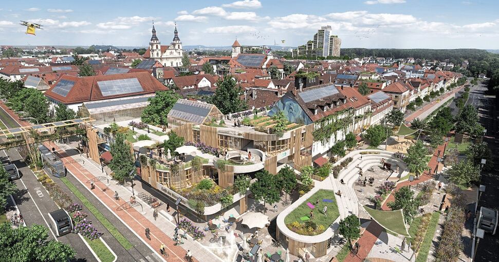 Ludwigsburg 2045 als Gedankenexperiment: In der Wilhelmstraße fahren Stadtbahn und autonome Busse, in der Schlossstraße trinkt man Kaffee und sitzt im Atrium. Grün ist die Stadt geworden, über die Wilhelmstraße führt eine Fußgängerbrücke und das Mars