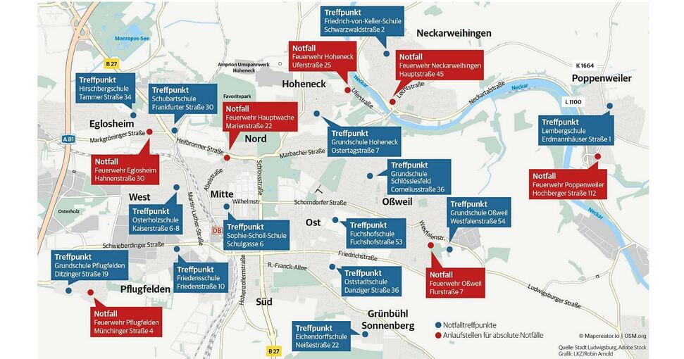 Die Treffpunkte in den Schulen sind von 6 bis 22 Uhr geöffnet. Hier gibt es Infos und Tipps bei einem Stromausfall. Anlaufstellen für absolute Notfälle sind rund um die Uhr die Hauptfeuerwache in der Innenstadt sowie die Feuerwehrhäuser in den Stadtt