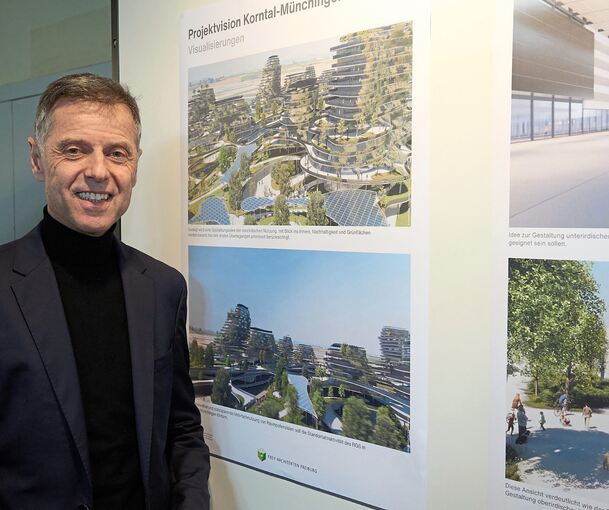 Architekt Wolfgang Frey vor der Projektvision für Müllerheim. Foto: Andreas Becker