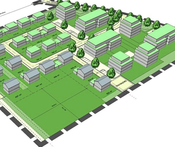 Kritik gab es bei der ersten Auslegung vor allem an dem höchsten Gebäude (oberer Bildrand). Illustration: Mquadrat