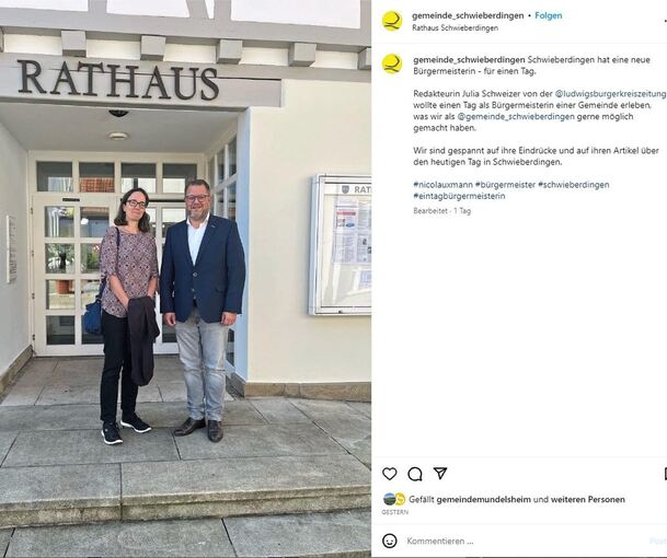 Eine „staatstragende Haltung“ bescheinigt mir eine Kollegin – eine wichtige Bürgermeister-Eigenschaft scheine ich also schon mal zu besitzen. Oder Nico Lauxmann strahlt einfach nur ab. Foto: Gemeinde Schwieberdingen