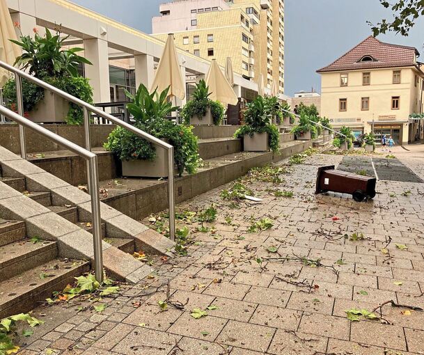 Umgestürzte Mülltonnen und abgeknickte Äste wie hier vor dem Marstall in Ludwigsburg waren gestern vielerorts zu sehen. Foto: Privat