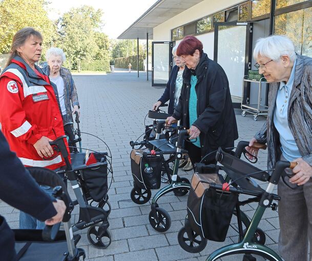 Angelika Schröder zeigt den Seniorinnen, wie sie unfallfrei mit dem Rollator umgehen können. Foto: Ramona Theiss
