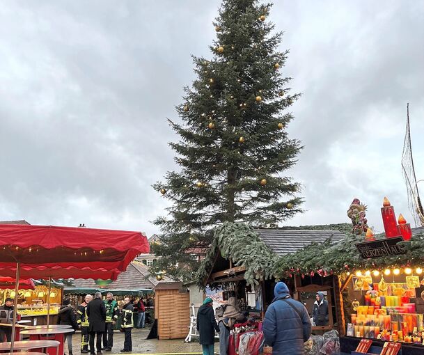 Lagebesprechung am Baum. Feuerwehr und Weihnachtsmarkt-Veranstalter beraten, ob der Baum zu retten ist. Foto: je