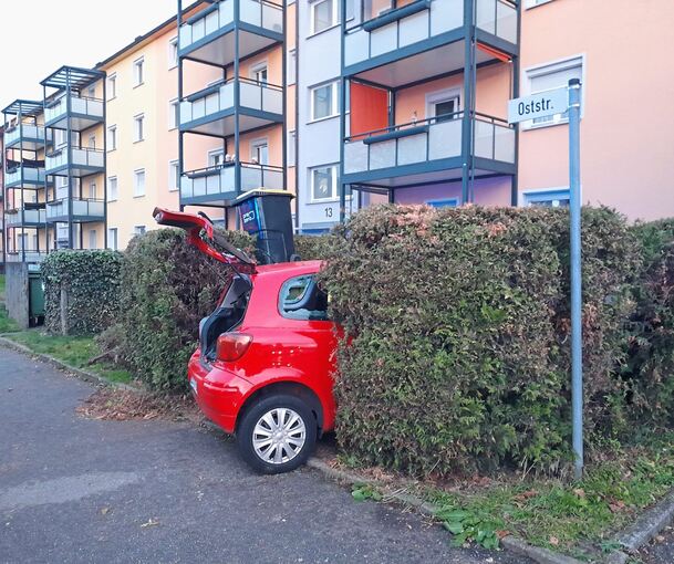 In der Oststraße landet der rote Toyota in der Hecke. Foto: KS-Images.de