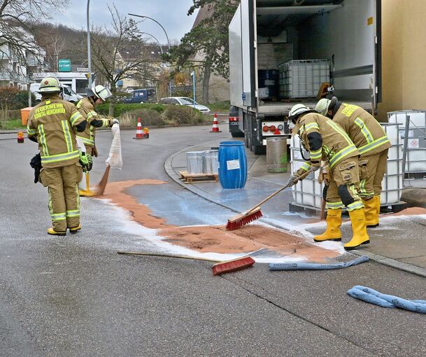 Mit Bindemittel und Besen rückten die Feuerwehrleute der Verunreinigung zu Leibe. Fotos: Rometsch/Freiwillige Feuerwehr Korntal-Münchingen