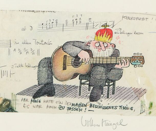 Solo-Tour als Straßenmusiker: Der König mit der Gitarre bei Volker Kriegel. Foto: Galerie Stihl/p