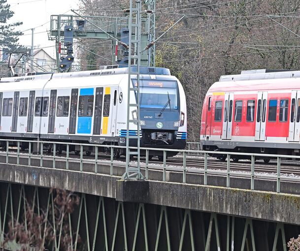 S-Bahnen im neuen und alten Design kommen sich entgegen: Aktuell fahren die Züge abends und samstags nur noch jede halbe Stunde. Foto: Bernd Weißbrod/dpa