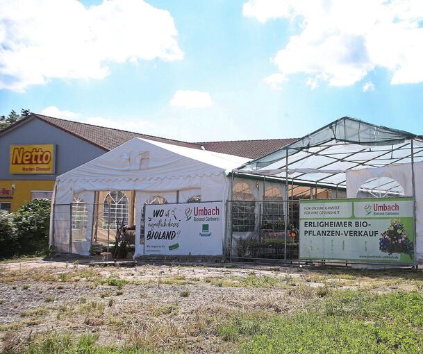 Neben dem Netto-Markt: die Verkaufszelte der Bio-Gärtnerei Umbach.