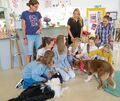 Tierische Lehrer: Mika und Pauli mit Schülerinnen und Lehrkräften des Hans-Grüninger-Gymnasiums. Weil Hunde extrem lärmempfindlich sind, lernen die Kinder schnell, Rücksicht zu nehmen.