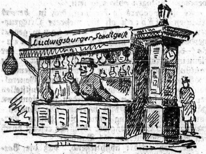Im Kiosk zwischen Arsenal- und Schillerplatz wird 1941 Hochprozentiges verkauft. Die Uhr daneben wurde schon 1888 aufgestellt. Zeichnung: LKZ