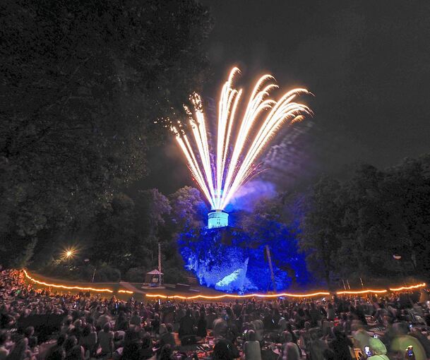 Viele Menschen schauen dem Feuerwerk direkt von der Wiese aus zu.