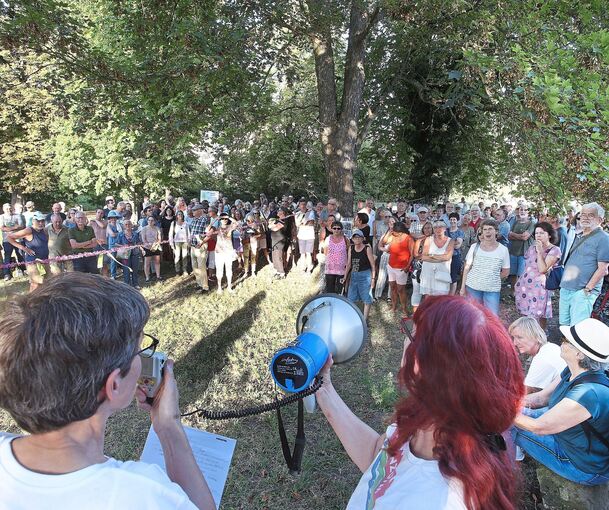 Rund 200 Baumfreunde haben sich am Freitagabend am nördlichen Enzufer getroffen, „um die Bäume zu feiern“, die gefällt werden sollen.