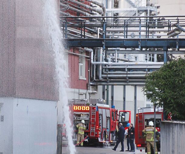 Strahlrohr-und ein Drehleitereinsatz bei der Hauptübung im SunChemical-Werk.