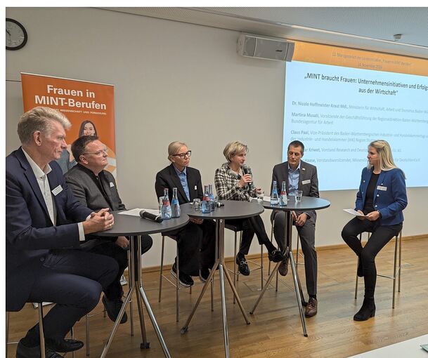 Diskutierten auf dem Podium (von links): Ansgar Kriwet, Claus Paal, Martina Musati, Nicole Hoffmeister-Kraut, Mathias Haase (Wissensfabrik) und Julia Hagel (Moderation).