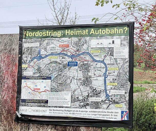 Protestschild gegen den Nordostring - hier in der oberirdischen Variante - bei Kornwestheim.