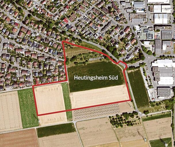 Die rote Umrandung grenzt das Gebiet ein, für das der Bebauungsplan „Heutingsheim Süd“ aufgestellt wird.