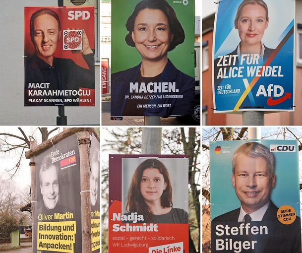Die Kandidaten aus dem Wahlkreis Ludwigsburg zeigen Gesicht. Bei AfD-Kandidat Martin Hess habe es in der Druckerei Verzögerungen gegeben, seine Plakate sollen in den nächsten Tagen kommen.