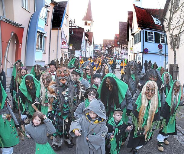 Die Akteure der Narrenzunft Zauberwald mit dem Hexenmeister beim Umzug in Neckargröningen.