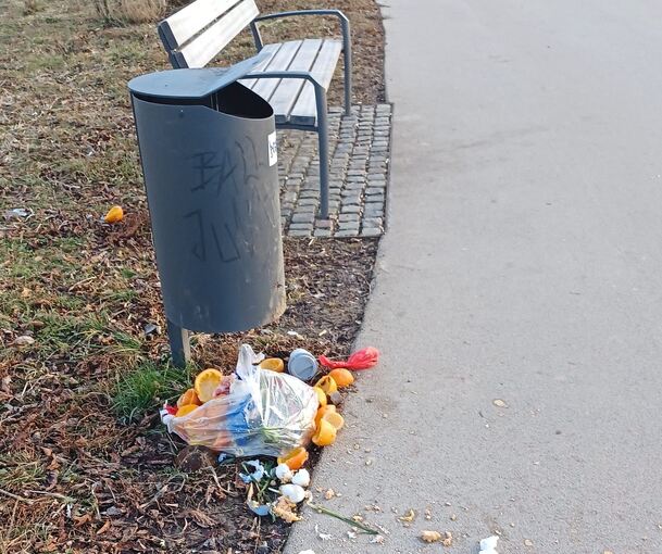 Eier- und Orangenschalen, ein Einwegkaffeebecher und benutzte Papiertücher: Dieses Bild - übrigens kein Einzelfall - hat sich unlängst unter einem öffentlichen Mülleimer am Geh- und Radweg beim Hocke-Club ergeben.