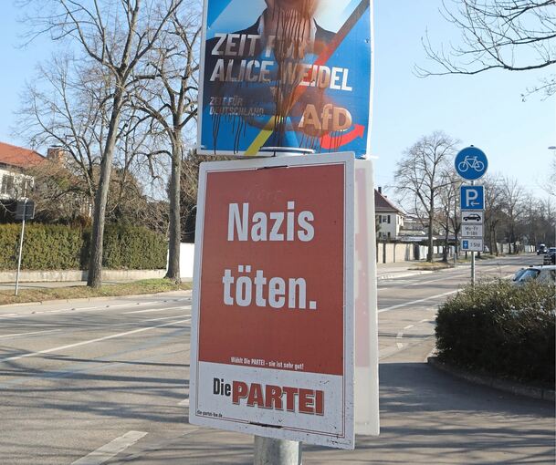 An der Robert-Franck-Allee Richtung Pattonville hängen AfD und Die Partei direkt untereinander.