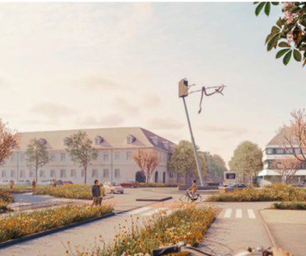 Auto und Rad getrennt, Grün zwischen den Spuren: So soll der neue Kreisverkehr aussehen, wenn man von Osten in Richtung Innenstadt fährt. Die Straße soll vor Weihnachten 2025 fertig sein, das Grün folgt bis Frühjahr 2026.