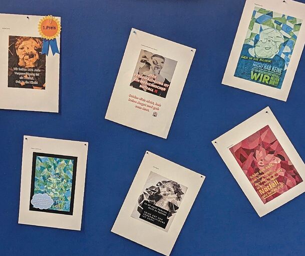 Die Kunstwerke der Schüler der Elly-Heuss-Knapp Realschule wurden präsentiert, darunter auch der erste Preis. Sie rufen dazu auf sich nach einer Vergewaltigung medizinische Hilfe zu suchen.