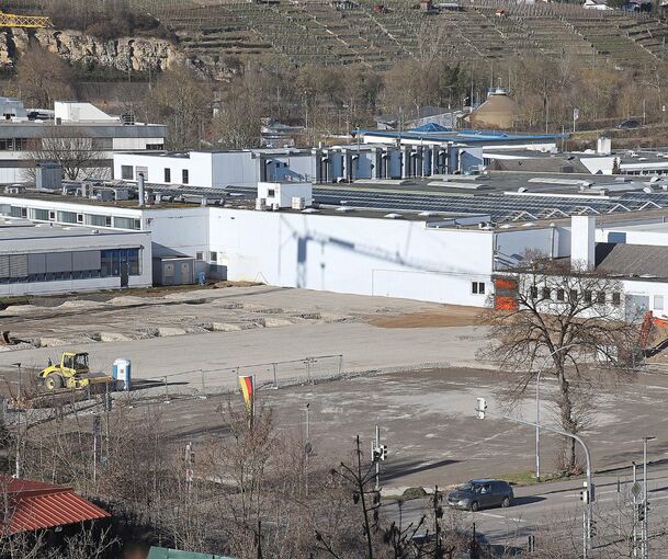 Auf dieser Fläche an der B27 in Besigheim baut das Unternehmen Nieruf ein neues Geschäfts- und Lagergebäude. Derzeit finden die Fundamentarbeiten statt, demnächst startet der Rohbau.