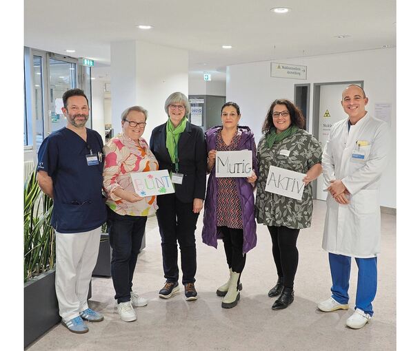 Wollen gemeinsam den Brustkrebs besiegen (von links). Matthias Ulmer, Claudia Sauer, Eva-Maria Dannbacher-Frei, Christine Fischer, Beáta Schneidereit und Prof. Dr. Sebastian Berlit.