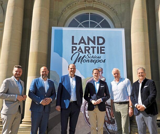 Freuen sich auf die Landpartie vom 22. bis zum 25. Mai. Marcos Angas, Felix Sommerrock (beide Schlosshotel Monrepos), Matthias Finkbeiner (Traube Tonbach), Wilhelm Herzog von Württemberg, Gregor Schober (Veranstalter The Weekend) und Henrick M. Linge