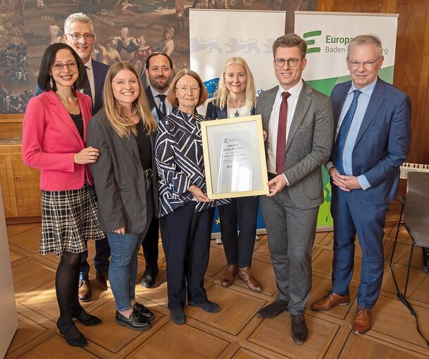 Anja Frohnmaier Hauptamt Gerlingen, Steffen Jäger, Präsident des Gemeindetags Baden-Württemberg, Sofie Neumann Hauptamt Gerlingen, Staatssekretär Florian Hassler, Evelyne Gebhardt, Landesvorsitzende Europa Union Baden-Württemberg, Haupt- und Kulturam