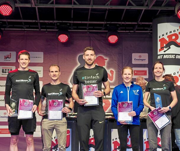 Sie waren in der Disziplin Laufen die Schnellsten (von links): Nils Friedrich (Platz 3, Männer), Benjamin Mannsdörfer (Platz 2, Sie waren in der Disziplin Laufen die Schnellsten (von links): Nils Friedrich (Platz 3, Männer), Benjamin Mannsdörfer (Platz 2, Männer), Jens Mergenthaler (Platz 1, Männer), Isabel Leibfried (Platz 2, Frauen) und Lina Kabsch (Platz 3, Frauen). Annika