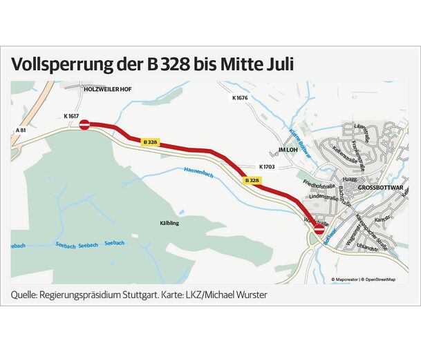 In diesem Bereich zwischen dem Storchenkreisel und der Autobahn wird die B 328 gesperrt.