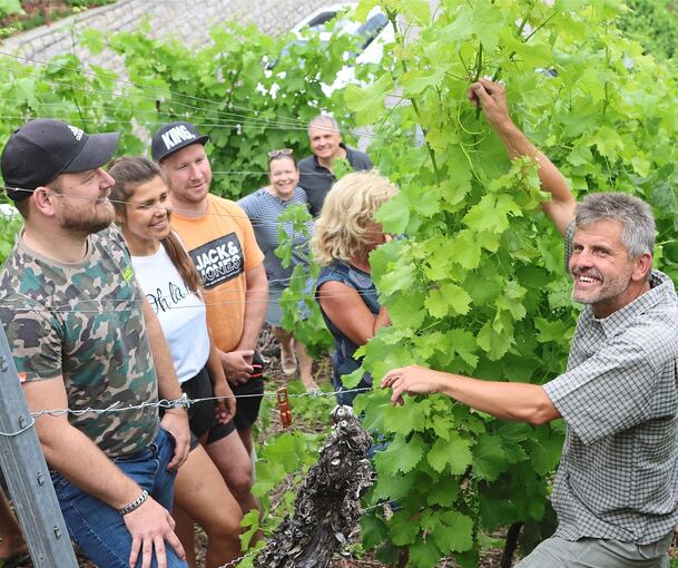 Winzer Joachim Klingler (rechts) zeigt den Hobby-Wengertern, wie man einen Steillagen-Weinberg bewirtschaftet. Felix Stather, Annika und Tobias Waitkewitsch (von links) sind von Anfang an dabei.