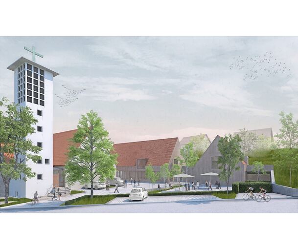 So soll das Gemeindezentrum nach der Vorstellung des Architekten Kai Dongus einmal aussehen. Das Gemeindehaus (links) ist mit dem Gebäude für Büros und die Pfarrwohnung verbunden.