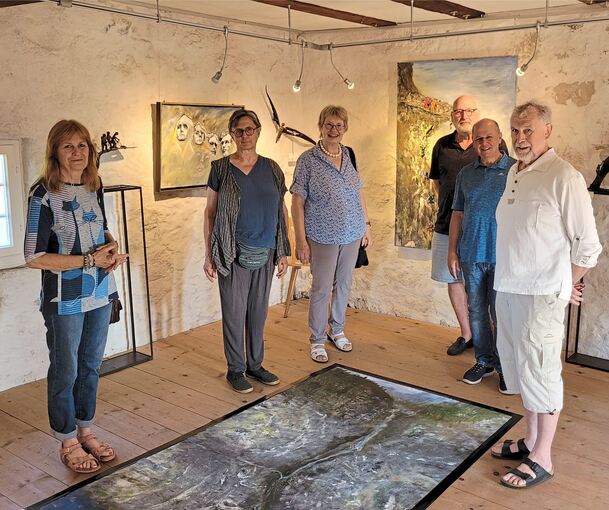 Kunst über ein facettenreiches Thema (von links): Elke Gaertner, Christine Fluhrer, Angelika Mollner, Jürgen Pösse, Klaus Koerver und Siegfried Scholz in der Ausstellung im Torturm.