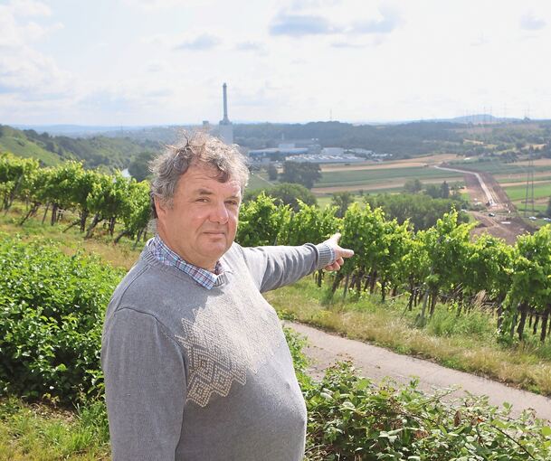 Rudolf Kraut vor seinen Weinreben, die demnächst weggebaggert werden.