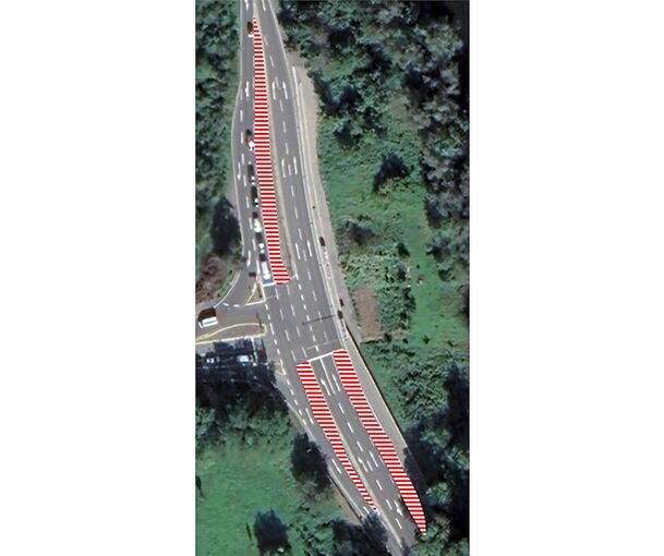 Die rot schraffierten Einfädelspuren werden bis auf weiteres gesperrt. Das zweispurige Einbiegen von Benningen kommend auf die L 1100 Richtung Murr ist aber weiterhin möglich.