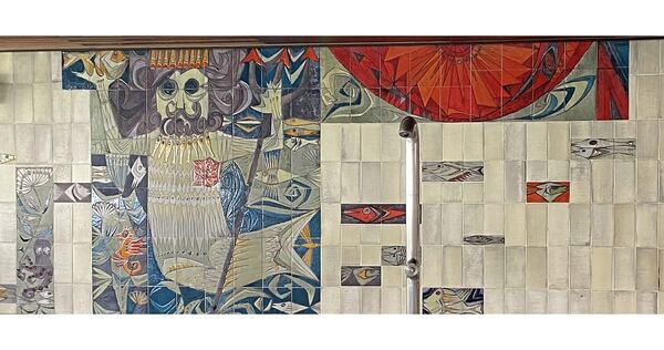 Die Wandkeramik von Fred Stelzig mit dem Titel „Wassermann mit Raddampfer und Meerestieren“, die das Asperger Bädle zierte, wird nicht erhalten.