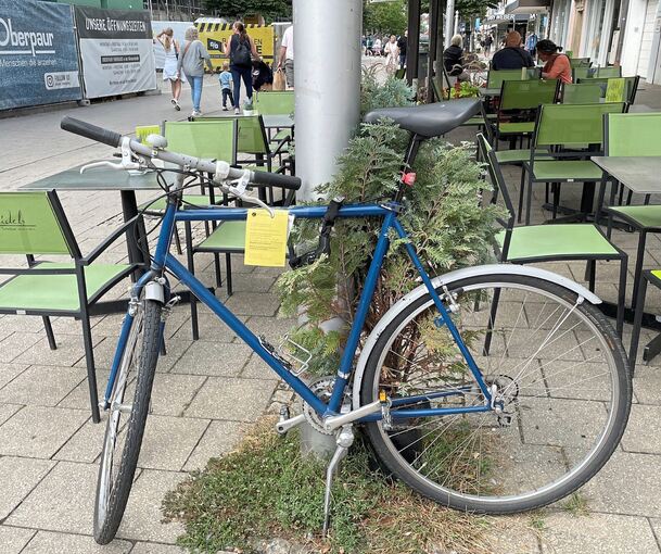 Wem gehört das Rad? Denn seit gut einer Woche blockiert das herrenlose Fahrrad vor Seidels Salatbar einige Sitzplätze im Außenbereich.