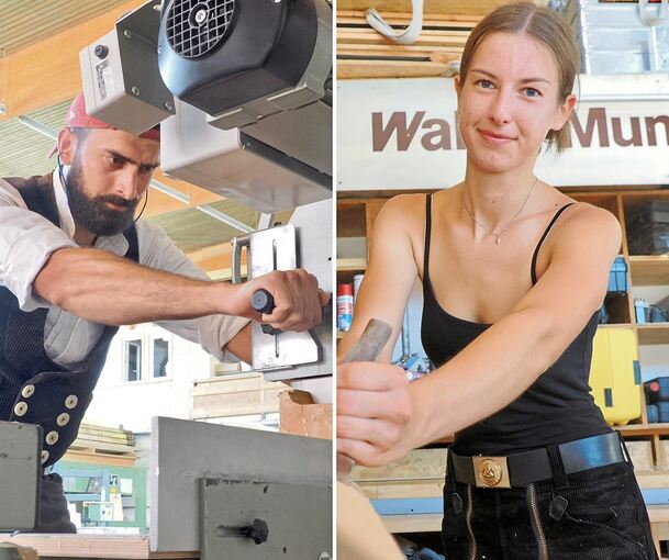 Bearbeiten das das Holz eines Gesimses, wie es zum Beispiel in den Gebäuden um die Ludwigsburger Stadtkirche vorkommt: der Geselle Obada Makea und die Auszubildende Karla Schmid.