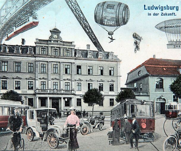 Ausschnitt einer Postkarte, wie man sie für viele Städte angefertigt hat: So euphorisch hat man sich 1915 die Zukunft in Ludwigsburg vorgestellt.