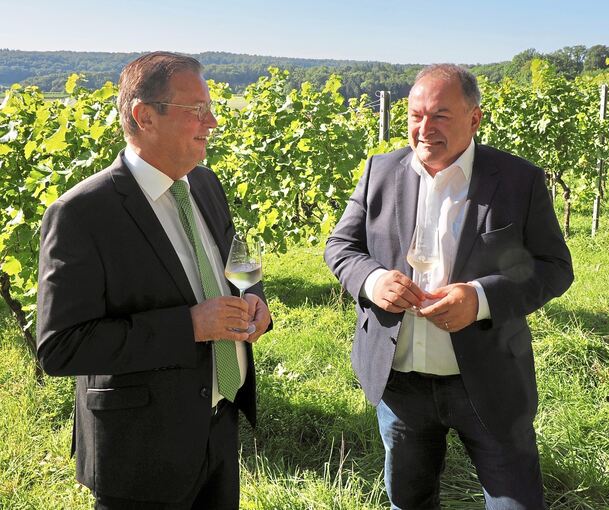 Zwei, die noch Württemberger trinken und den Weinjahrgang 2025 vielversprechend nennen: Landwirtschaftsminister Peter Hauk (links) und Weinbaupräsident Dietrich Rembold.