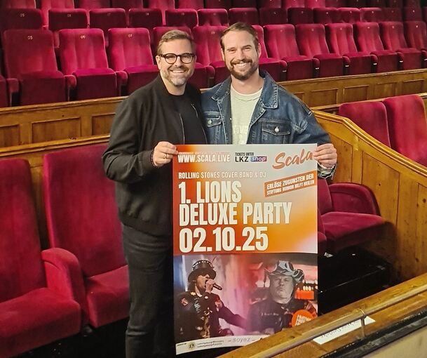 Gemeinsame Lions-Party de luxe im Scala: Die Club-Präsidenten Frank Keyerleber (Favorite, links) und Christian Maron (Monrepos).