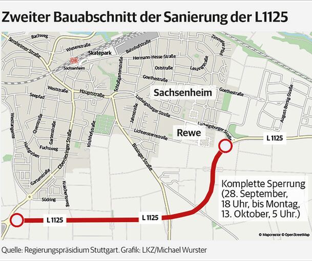 Rot eingefärbt ist die ab Sonntagabend geltende Sperrung zu sehen.