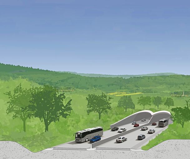 Der „Grüne Tunnel“ soll in zwei Röhren je zwei Spuren aufweisen und die B27 mit der B14/B29 verbinden.