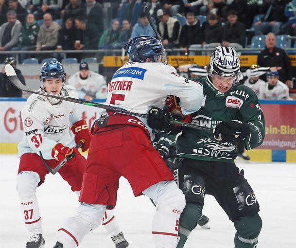 Kampf um den Puck: Düsseldorfs Verteidiger Nicolas Geitner (links) setzt gegen Steelers-Stürmer Brett Kemp seinen Körper ein.