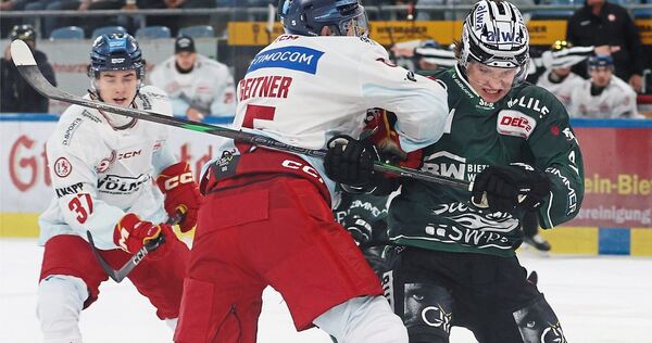 Kampf um den Puck: Düsseldorfs Verteidiger Nicolas Geitner (links) setzt gegen Steelers-Stürmer Brett Kemp seinen Körper ein.